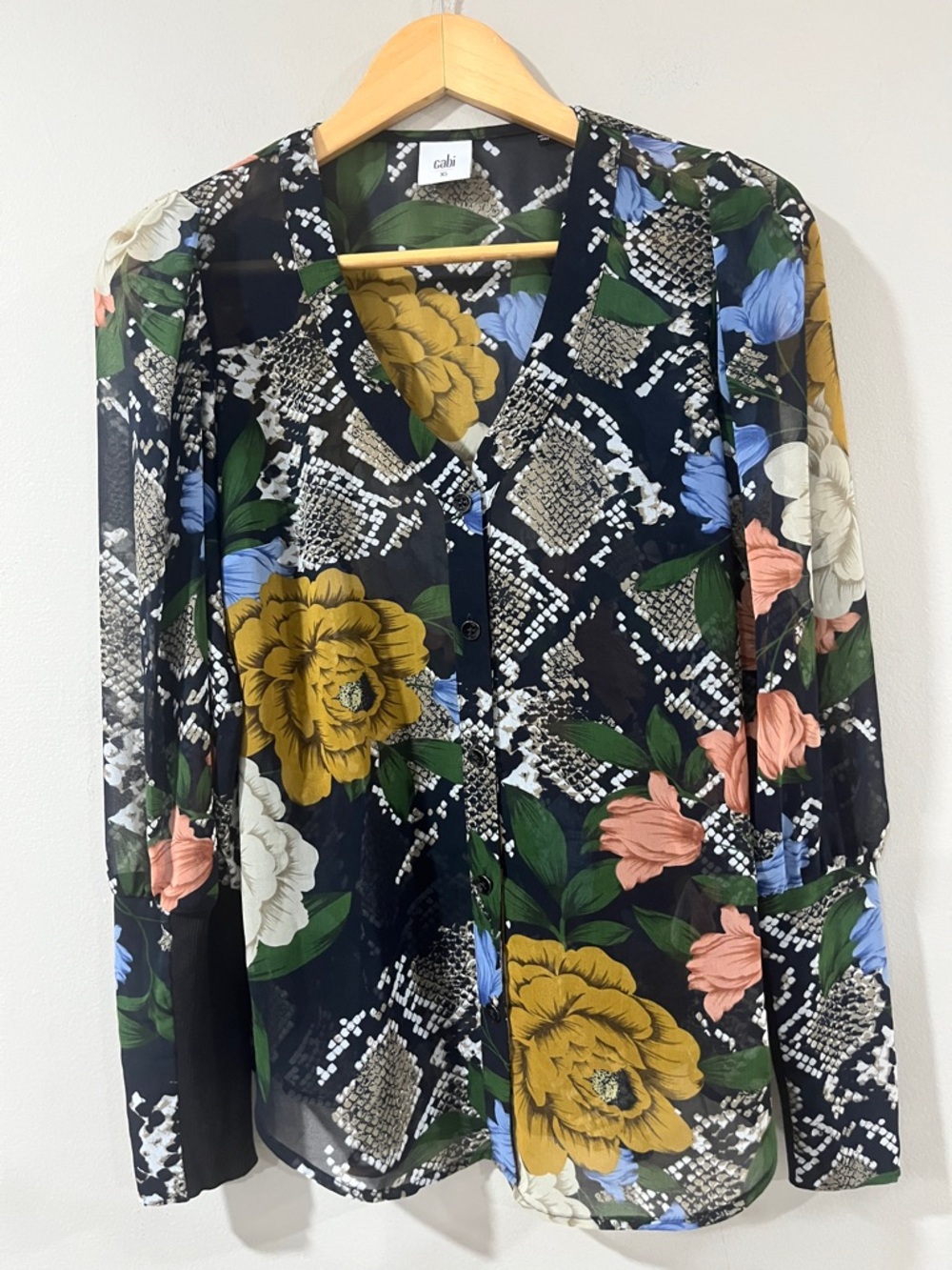 Cabi Black Floral Top with Green Leaves and Yellow Blooms